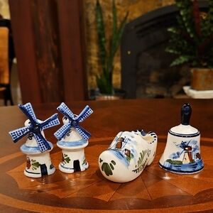 Polychrome Delftware Salt/Pepper Windmills, Clog Ashtray/Trinket Dish & Bell